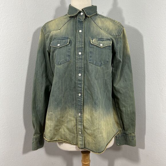 H Bar C Ranchwear Denim Shirt Men M Inspired Acid Wash Pearl Snap Western Cowboy
